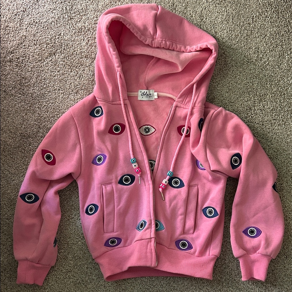 Lola + The Boys Pink Hooded Zip Sweatshirt with Embroidered Eye Appliqués